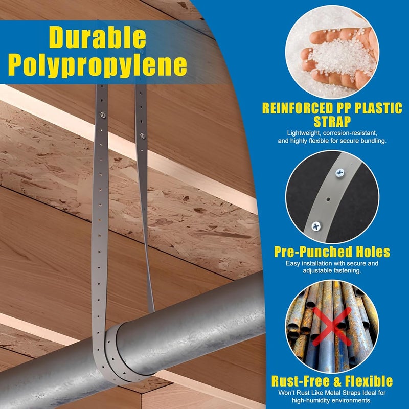 Fyrique Plastic Hanger Strap 3/4 Inch x 100 Feet Reinforced Flexible Hanger Strap for Pipe & Ducts Securing in Plumbing & HVAC, Gray - Image 3